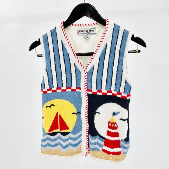 Vintage 80s Crystal-Kobe Cotton Nautical Sailboat Lighthouse Knit Sweater Vest - Picture 1 of 7